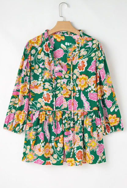 Floral Print Green Blouse with Tie at Neck