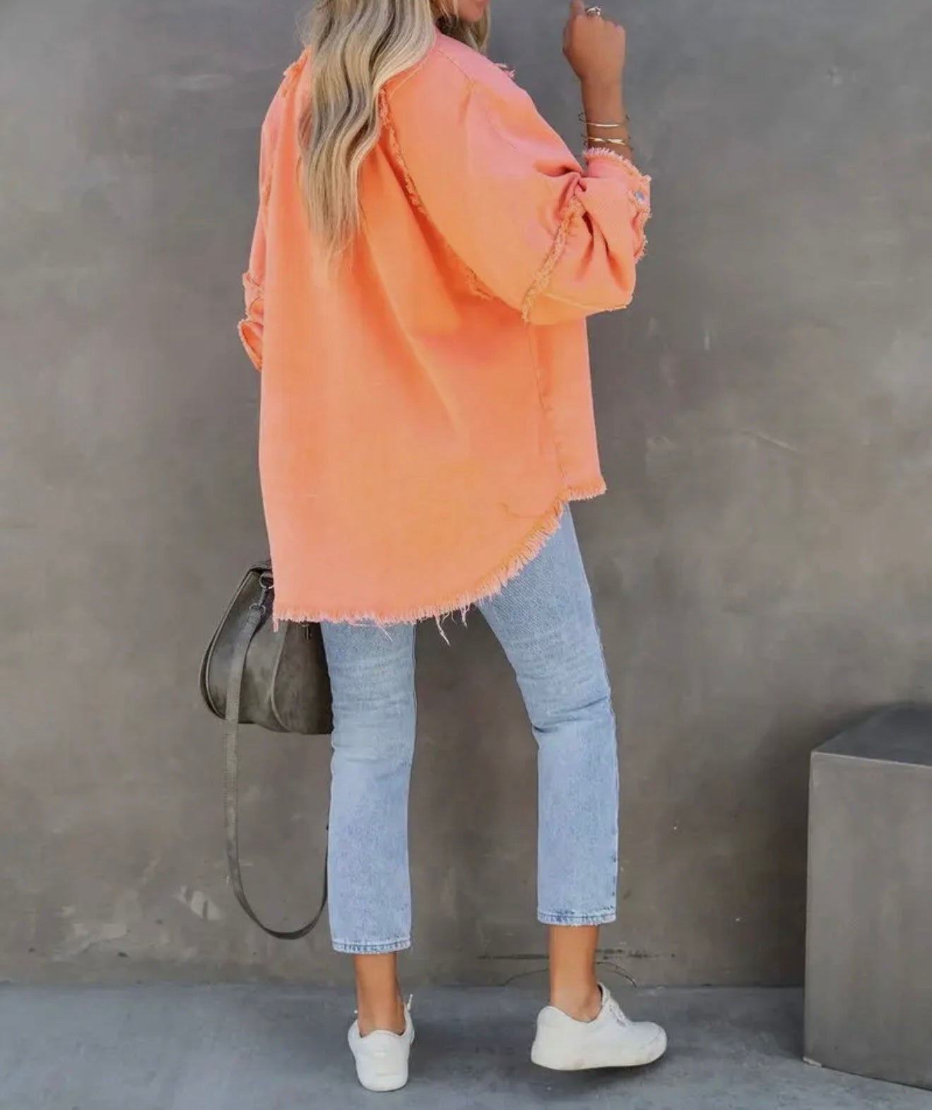Frayed hem orange button up jacket