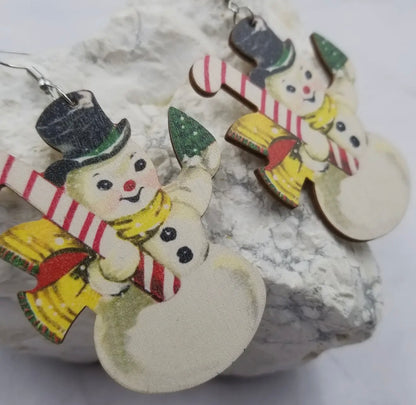 Vintage Snowman Painted Wooden Earrings