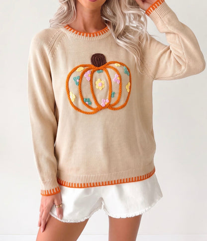 MLYP Yarn Stitched Pumpkin Sweater with Dainty Floral Details
