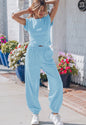 MLBBJ Baby Blue Athletic Leisure Style 2 Piece Jogger Set with Pockets and Rouched Side Form Fitting Short Sleeve Top