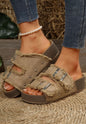 A41 double strap frayed edge double buckle sandal by Ivy's Gifts & Boutique showing tan leather straps and metal buckles.
