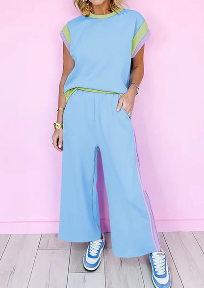 MLLBJ Light Blue with Purple and Green Accent Trim 2 Piece Athletic Leisure Style Pant Set
