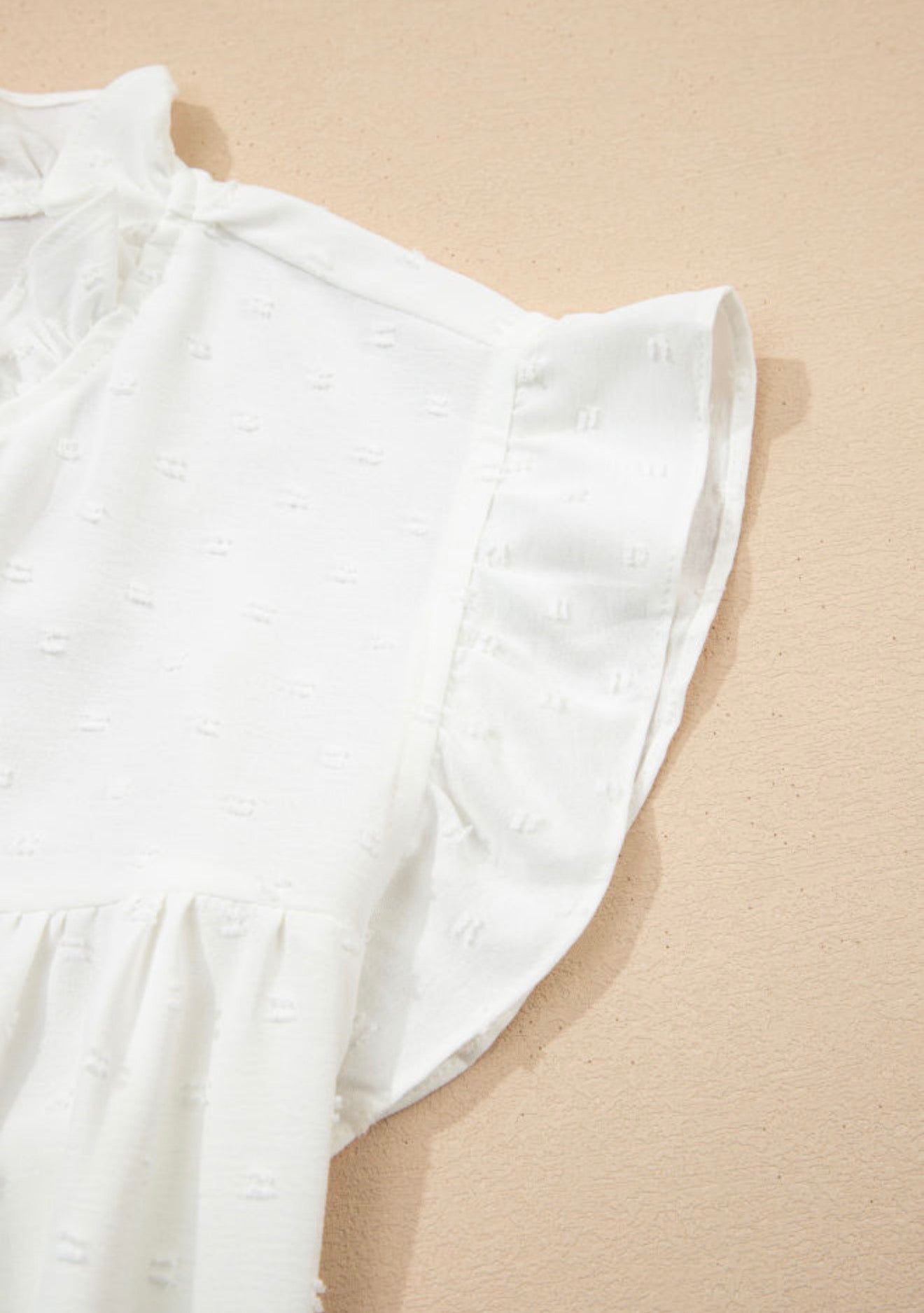 PP18 White Ruffle Lace Trimmed V Neck Top with Swiss Dot Fabric and Carefree Fit