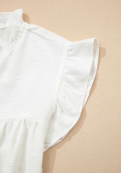 PP18 White Ruffle Lace Trimmed V Neck Top with Swiss Dot Fabric and Carefree Fit