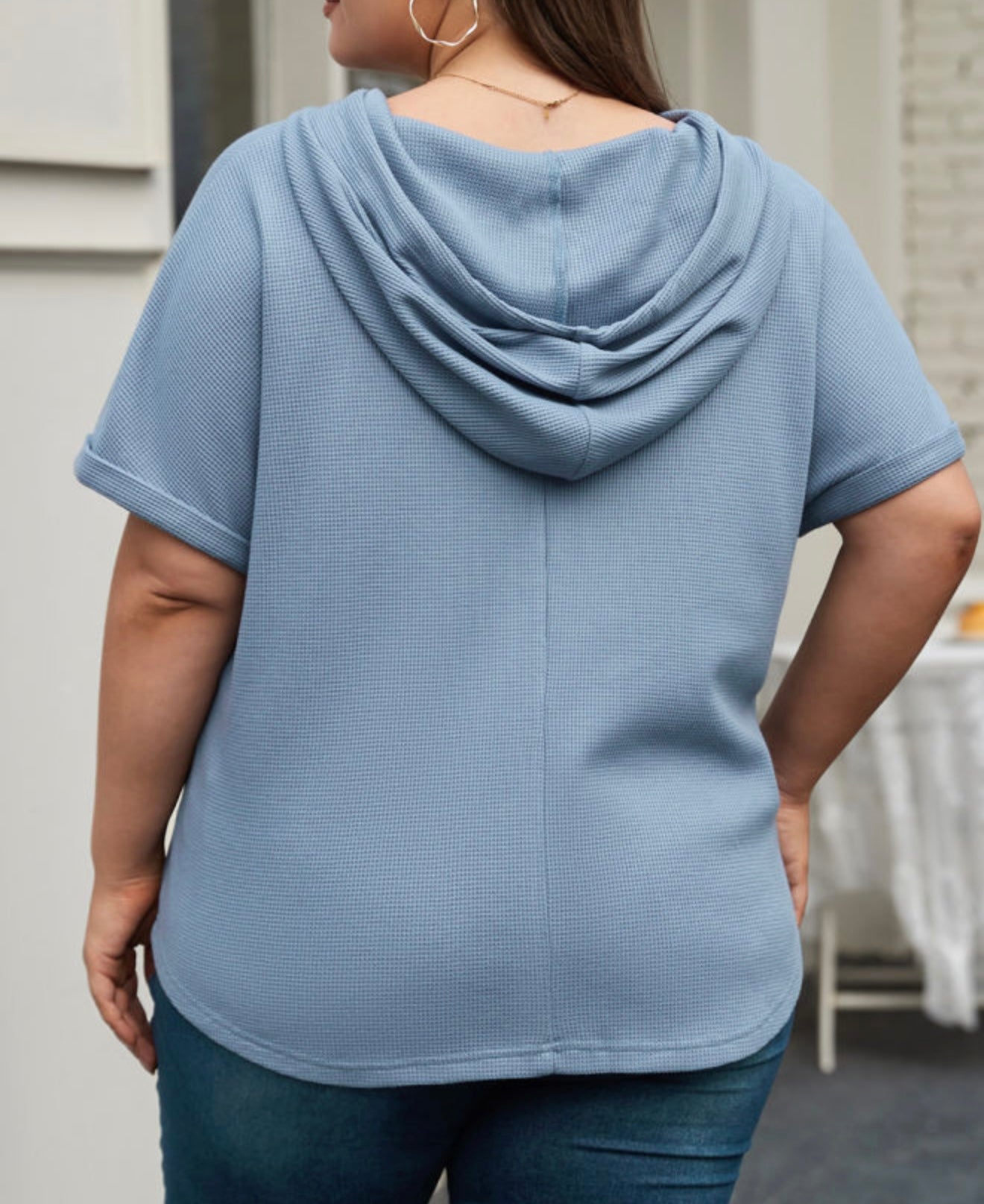Blue Top with Wooden Buttons and Hood