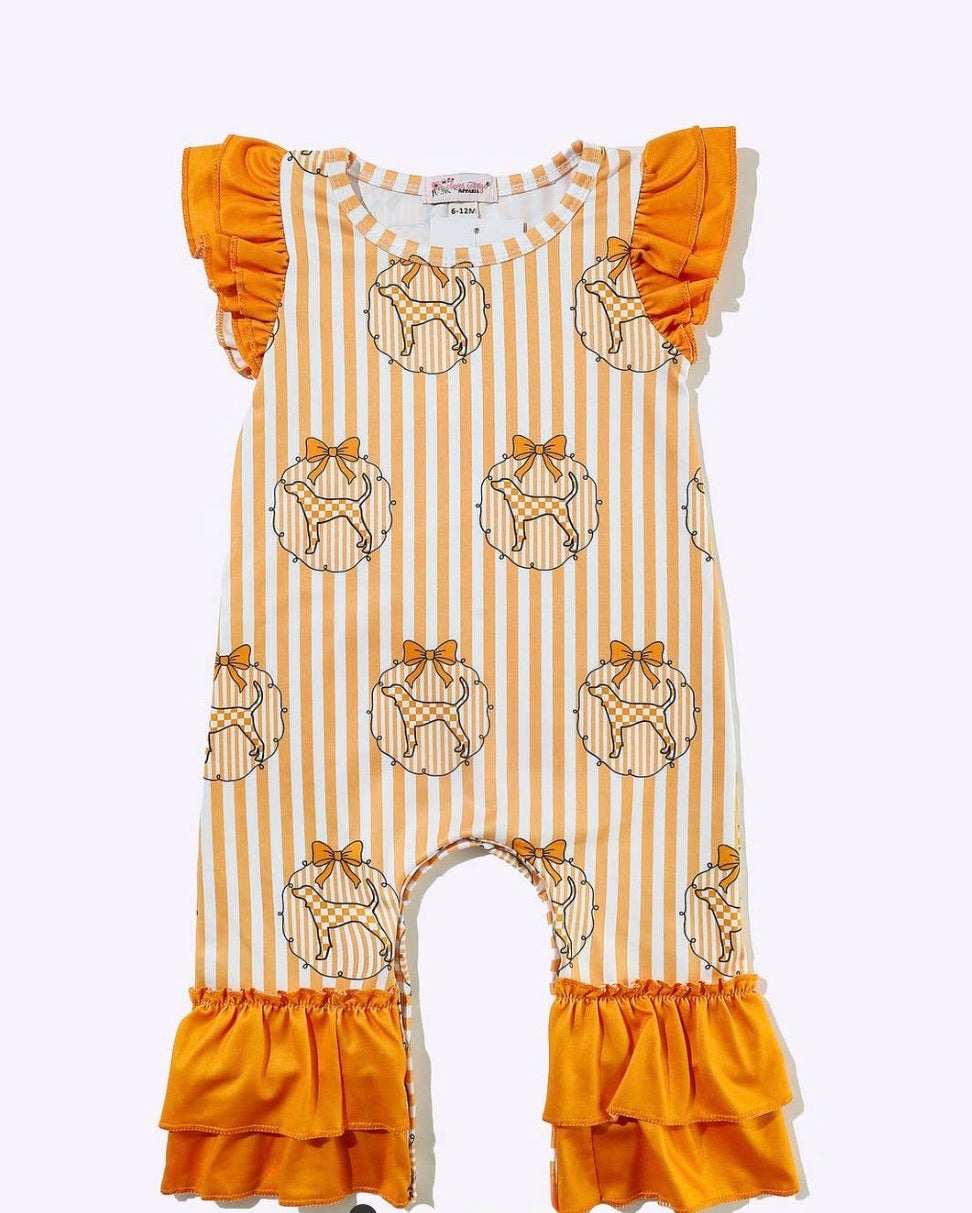 CCRJ Tennessee Striped Smokey Dog Romper with Ruffle Detail