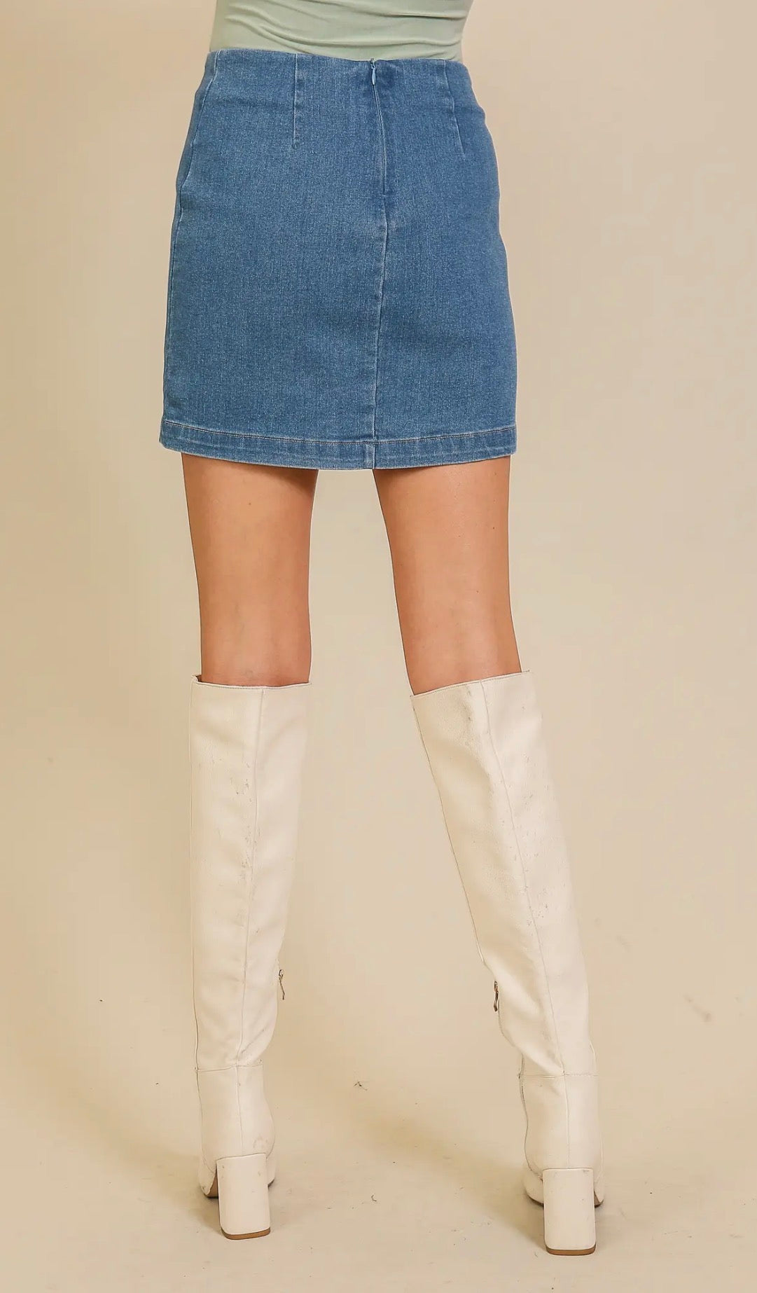 Blue denim rodeo nights skirt with stretchy comfort by Ivy's Gifts & Boutique, featuring a casual, stylish design for everyday wear.