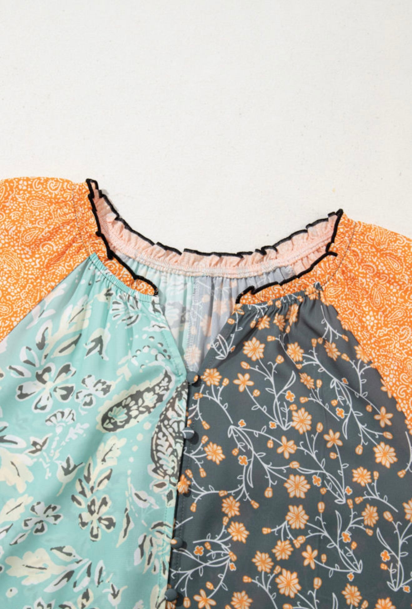 Multi Print Button Up Blouse with Elastic Cuff Sleeves
