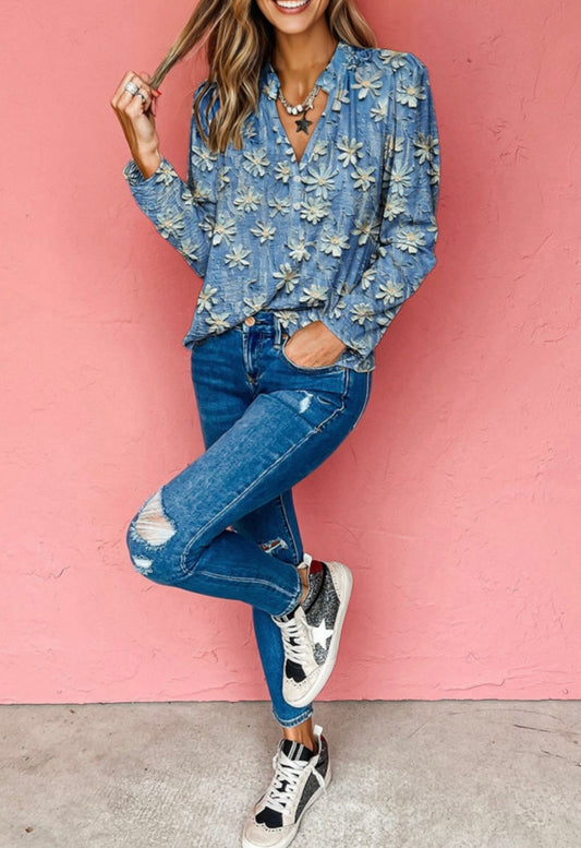 A17 Blue Floral Print Blouse