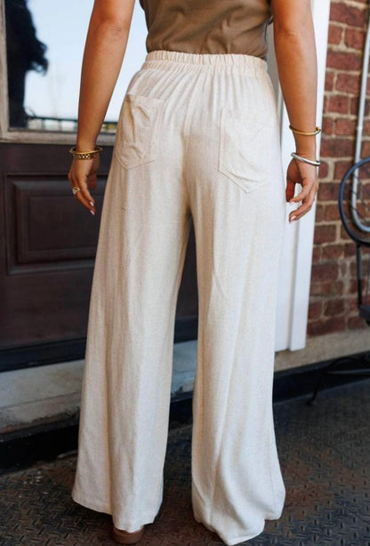 A71 White Pleated Drawstring Wide Leg Pants with Buttons - Ivy's Gifts & Boutique
