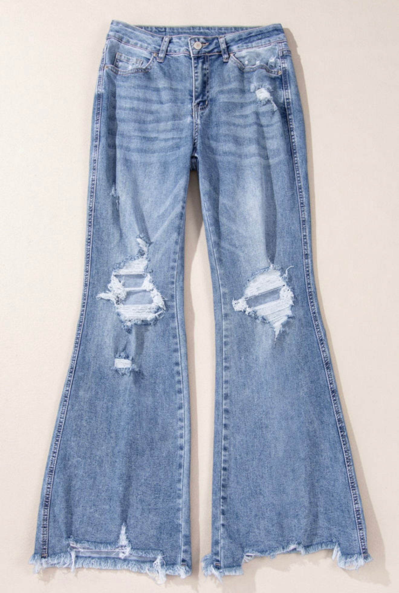 Distressed Blue Jeans with Trendy Frayed Wide Leg Hem