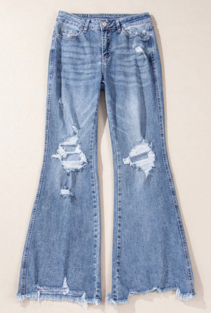 Distressed Blue Jeans with Trendy Frayed Wide Leg Hem