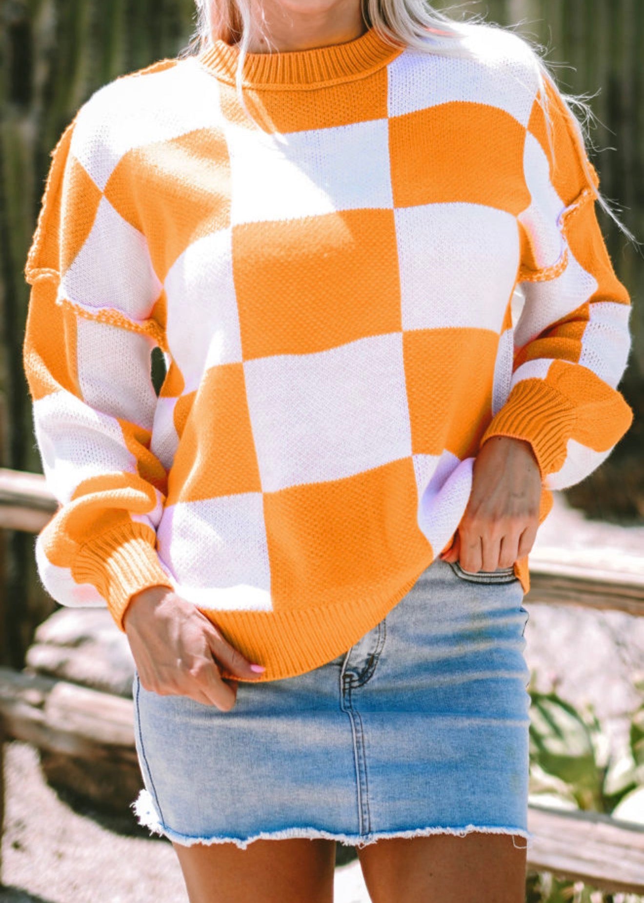 MLTN Orange and White Checkered Sweater perfect for Game Day