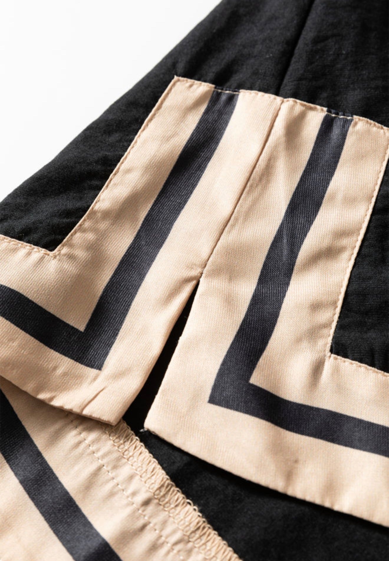 PP13 Black Long Sleeve Mini Shift Dress with Beige Stripe Detail and V Neck Design