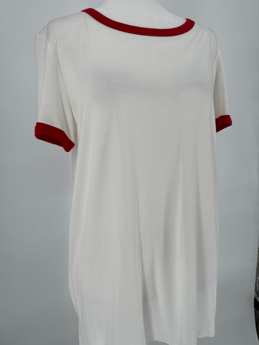 White Tee with Red boardered sleeves and neck