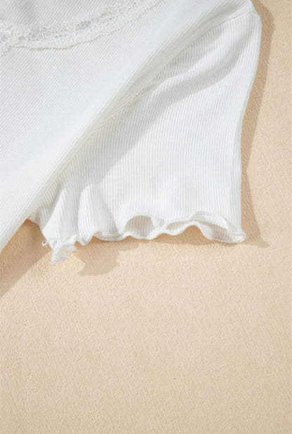 White Ribbed Cropped Top with Lace Detail