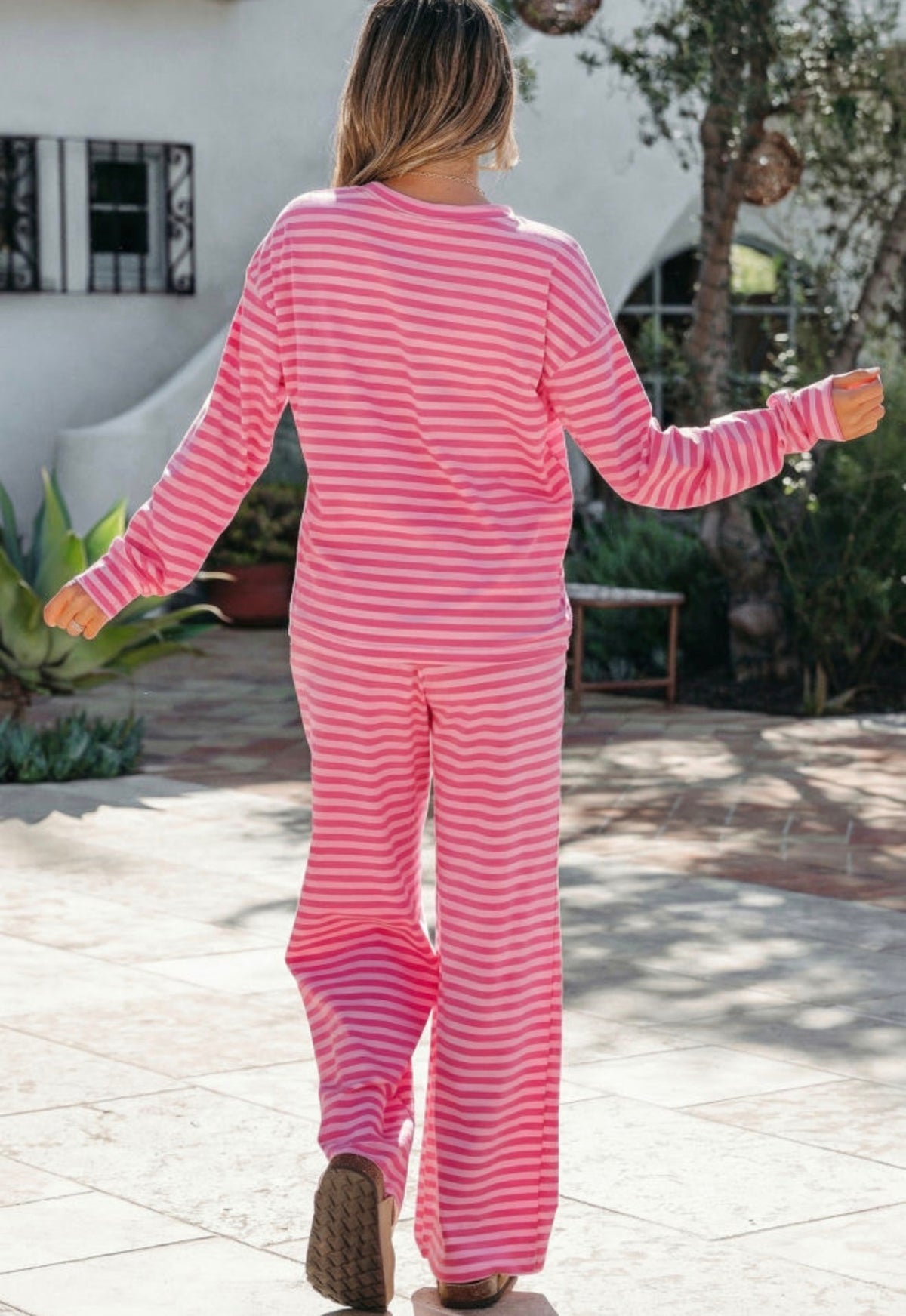 MLPSB Pink Stripe Long Sleeve 2 Piece Lounge Style Pant Set with Button Details