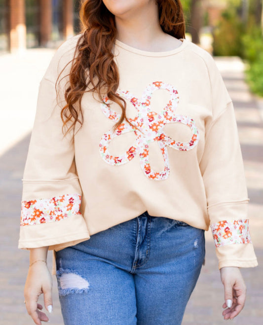 Flower Design Beige French Terry Top