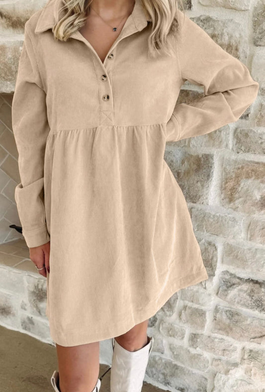 Tan Fine Weave Corduroy Dress