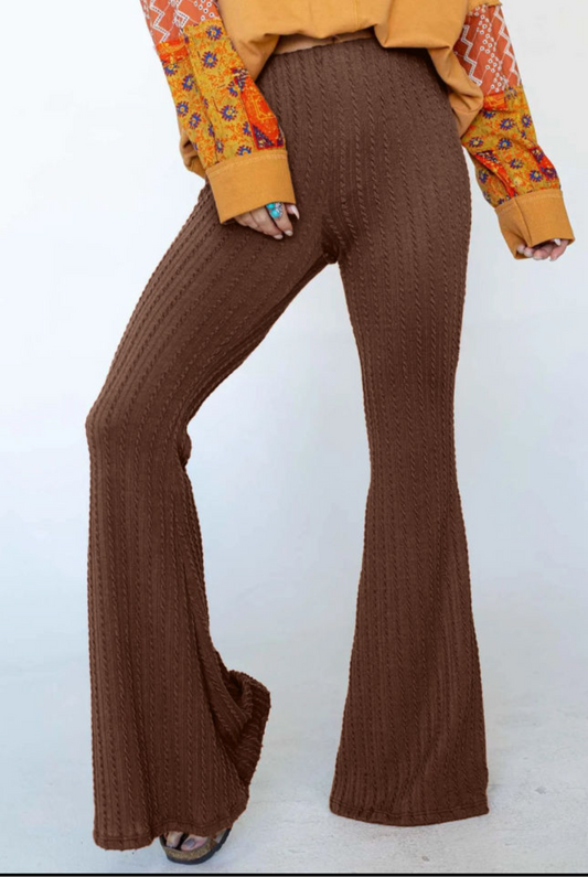 Brown Textured Fabric Bell Bottom Slacks