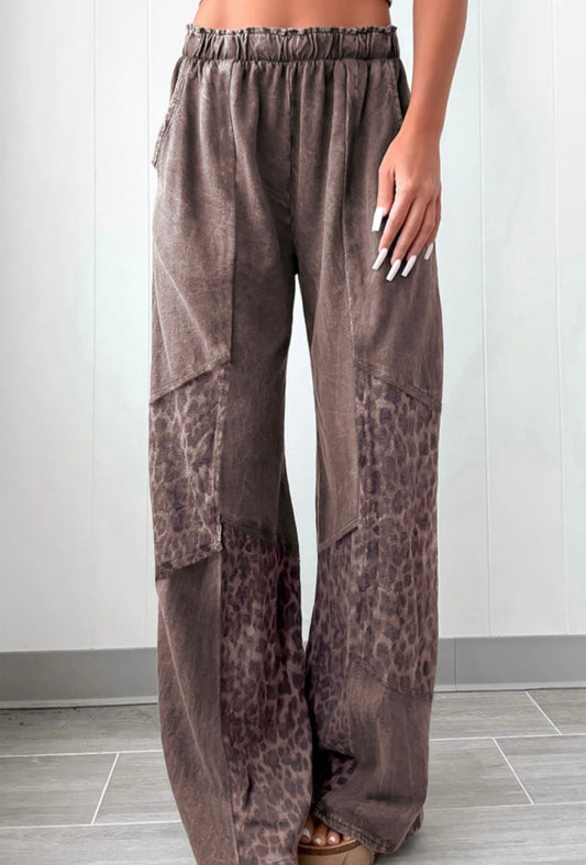 A35 Coffee Mineral Wash Leopard Patchwork Loose Fit Pants