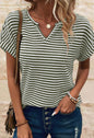 Green and white striped textured notched V-neck short sleeve top from Ivy's Gifts & Boutique, showing the stylish design and fabric detail.