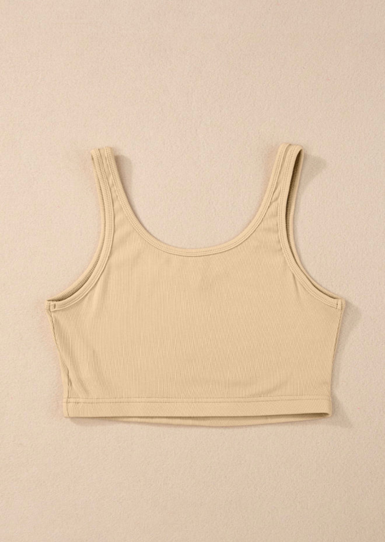 Beige Cropped V-neck Ribbed Tank
