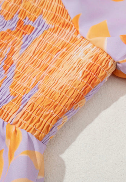PP31 Purple and Orange Floral Square Neckline Puff Sleeve Top with Gathered Elastic Bodice for Flattering Fit