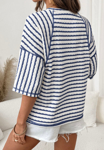 Blue and white striped half sleeve loose top from Ivy's Gifts & Boutique, featuring a relaxed fit and stylish design.