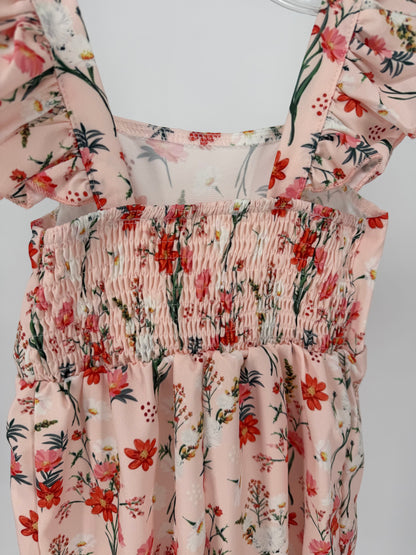 CH16 Toddler Children's Floral Print Wide Leg Jumpsuit with Bow Accent and Elastic Back Bodice