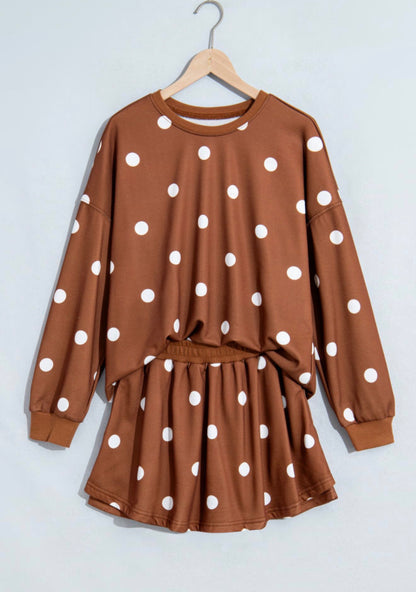 MLBPS Brown Large Polka Dot 2 Piece Skort Set with Long Sleeves Medium Weight Fabric and Pockets