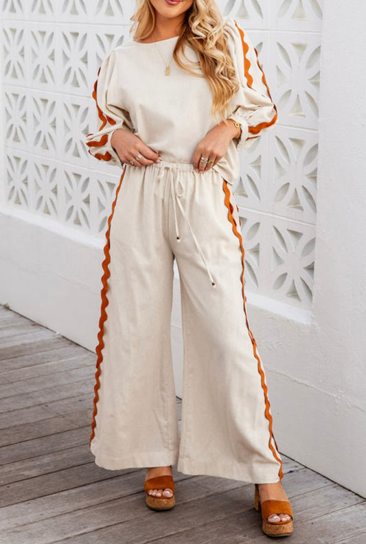 Cream 2 Pc Pant Set with Orange Rick Rack Trim