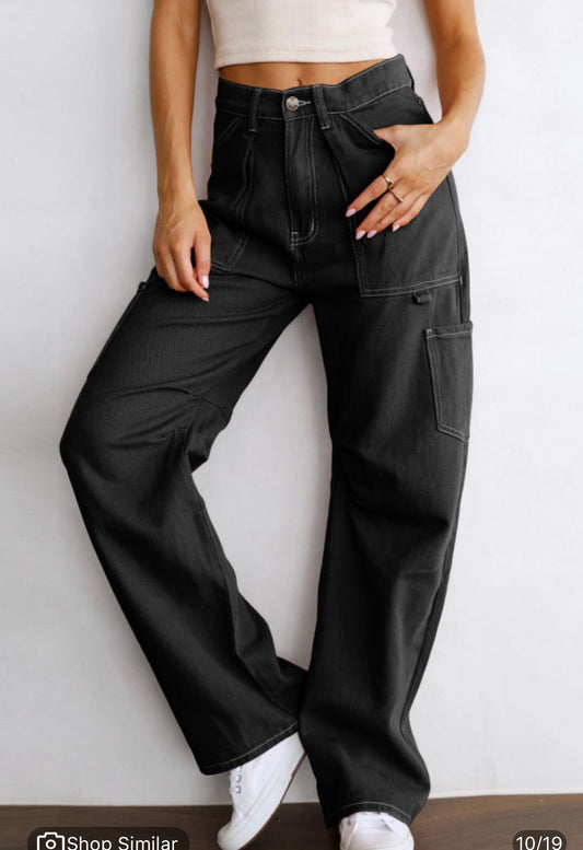 Black Cargo Pants with White Contrast Stiching