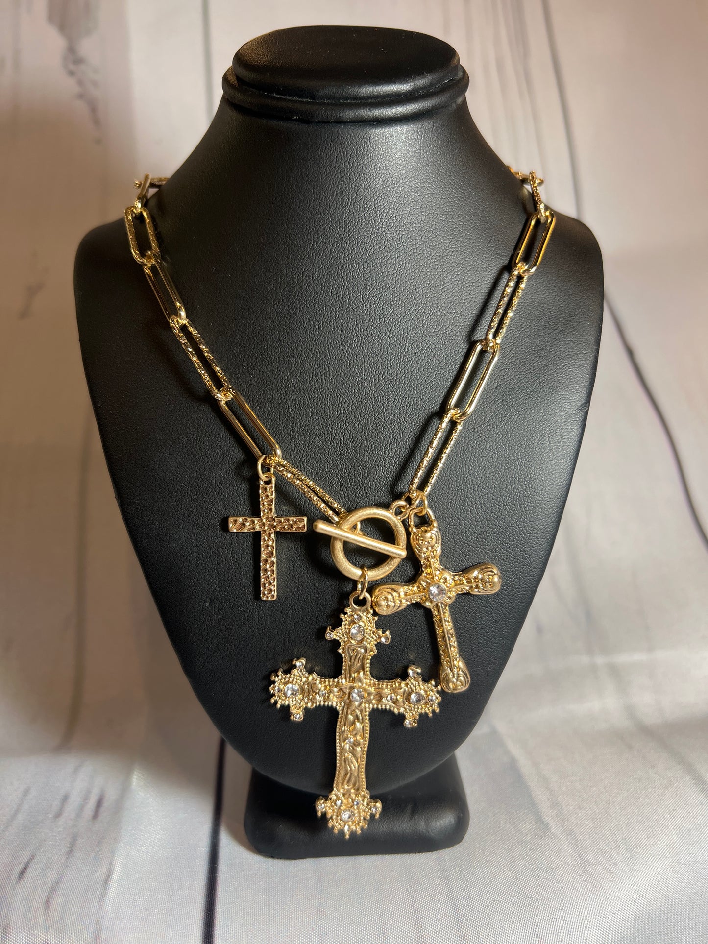 Gold Three Cross Necklace