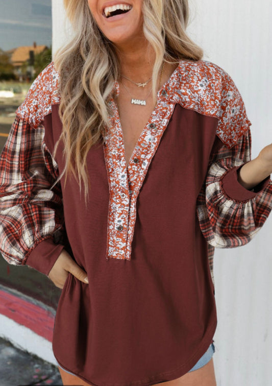 Burgundy Plaid and Floral Top