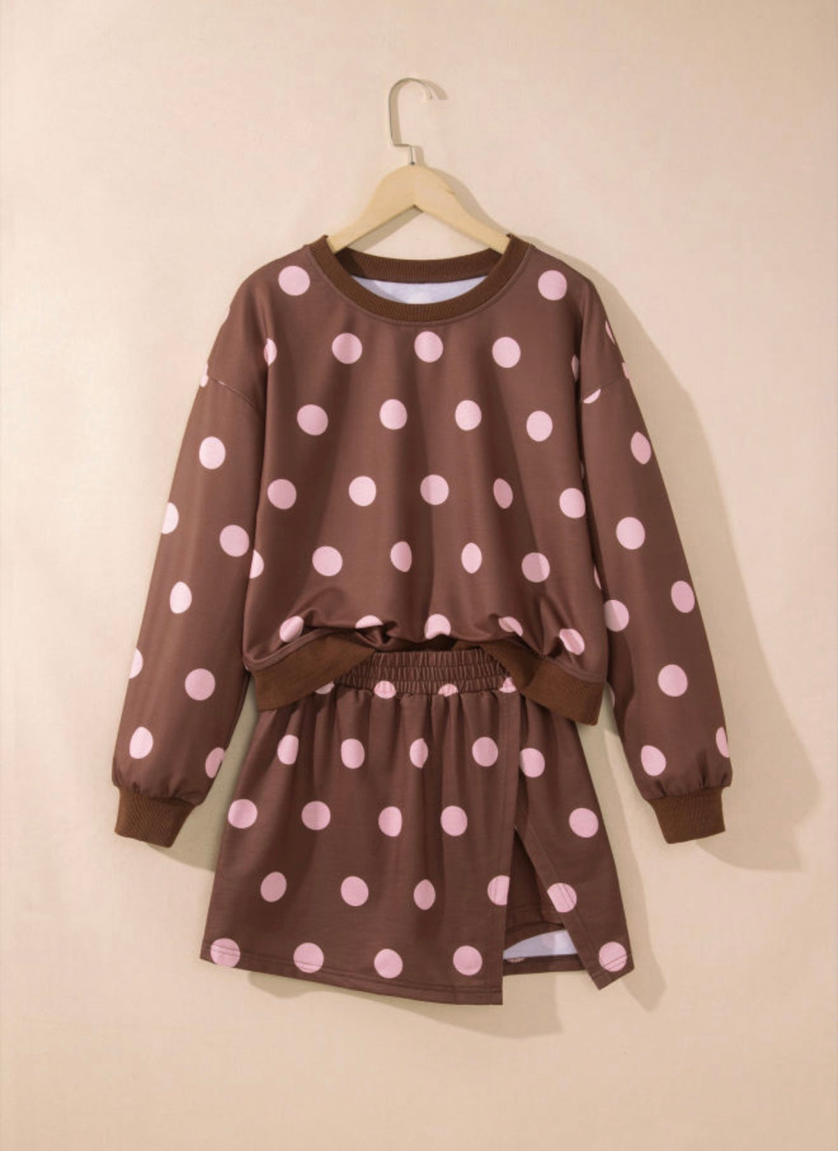 MLBP Brown and Pink Polka Dot Long Sleeve Crew Neck Skort Set