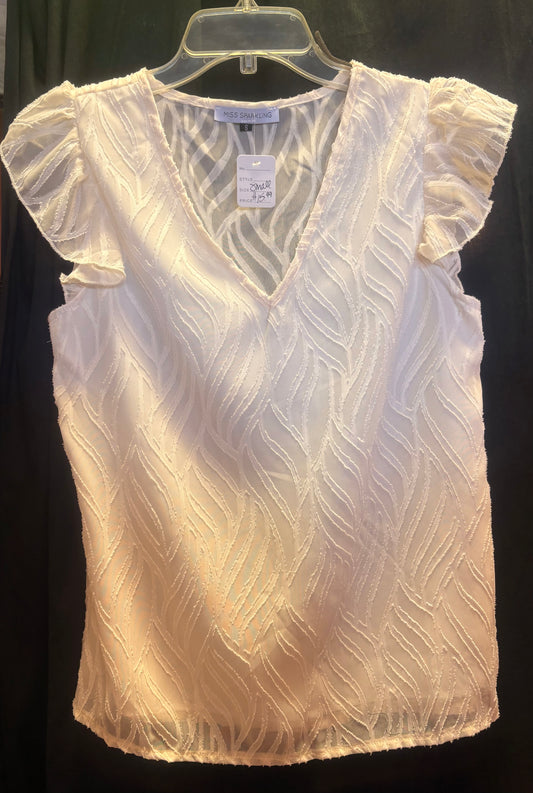 ITB Ivory Textured Sheer Fabric Blouse with Lining and Flutter Style Cap Sleeves