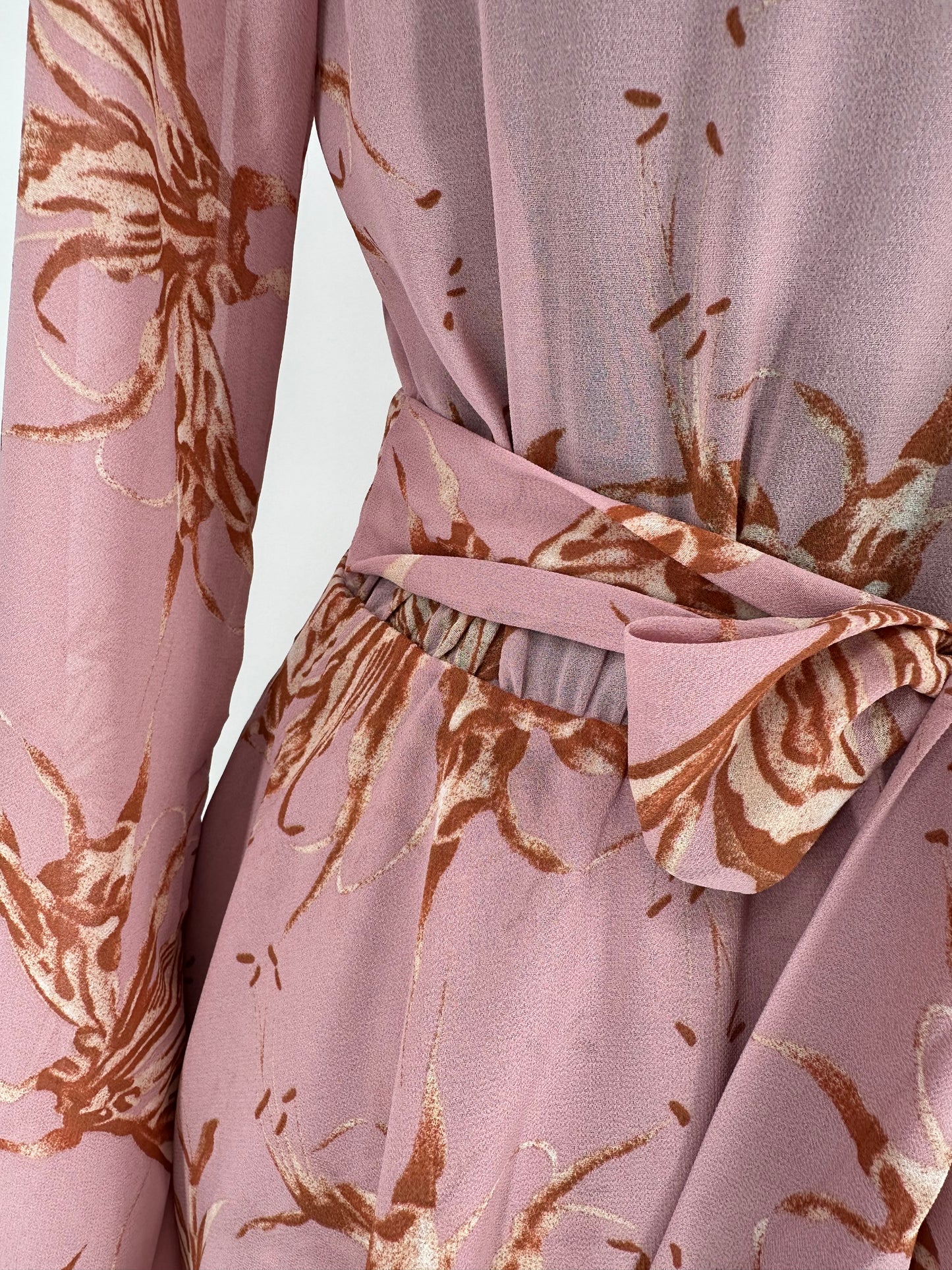 Pink Abstract Printed Belted Dress with Ruffled Hem