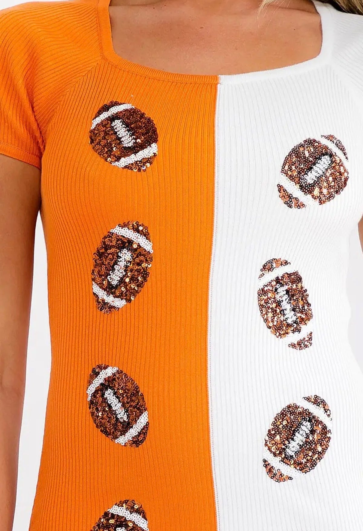 SFBCB Orange and White Ribbed sweater Dress with Sequin Football Embellishment