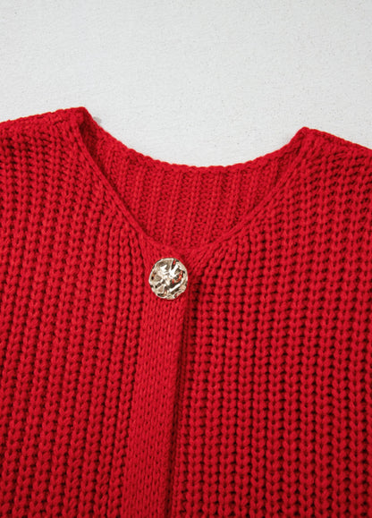 Wide Weave Red Sweater Vest with Gold Hammered Buttons