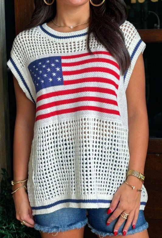 American flag open weave sleeveless sweater by Ivy's Gifts & Boutique, featuring a patriotic flag pattern and lightweight knit fabric
