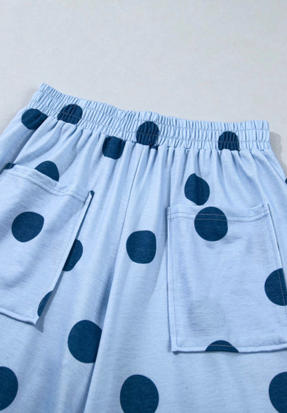 MLBP Blue Polka Dot Wide Leg Comfy Pants with Square Pockets and Elastic Waist