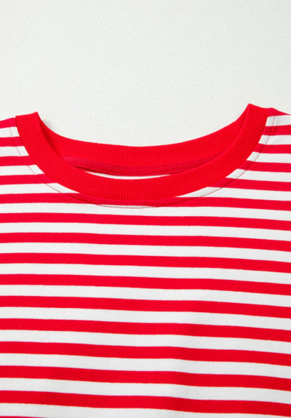 Ivy's Gifts & Boutique red and white striped long sleeve top with raw edges and square patch detail on the back.