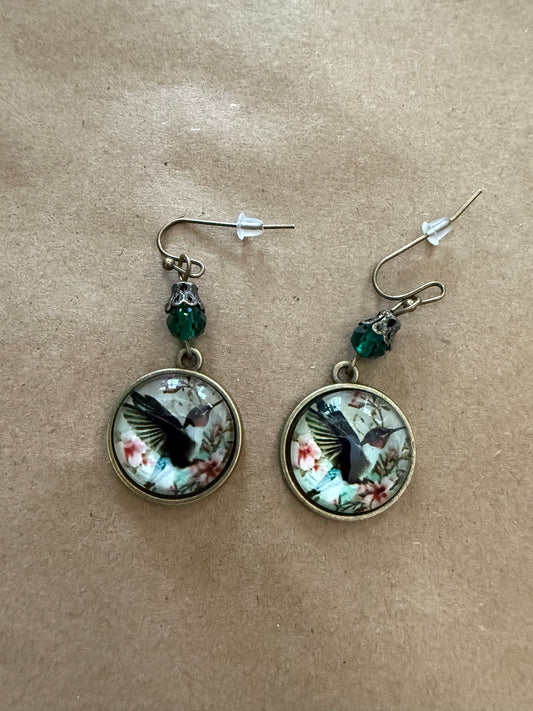J26 Hummingbird in Acrylic Bubble Earrings in Antique Brass