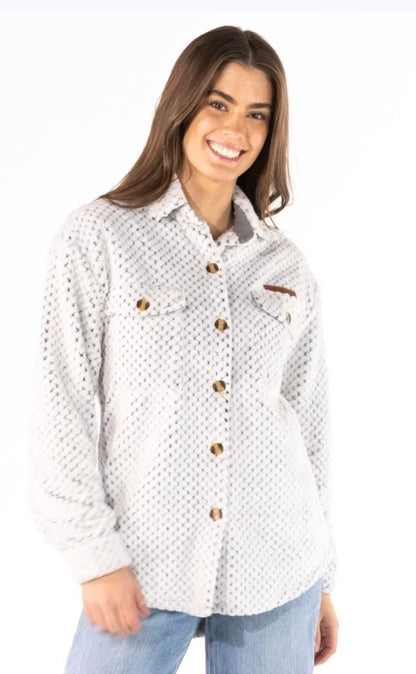 Ivy's Gifts & Boutique SSFG frosted gray shacket, soft and cozy, shown hanging with a relaxed fit and textured fabric.