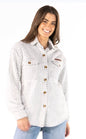 Ivy's Gifts & Boutique SSFG frosted gray shacket, soft and cozy, shown hanging with a relaxed fit and textured fabric.