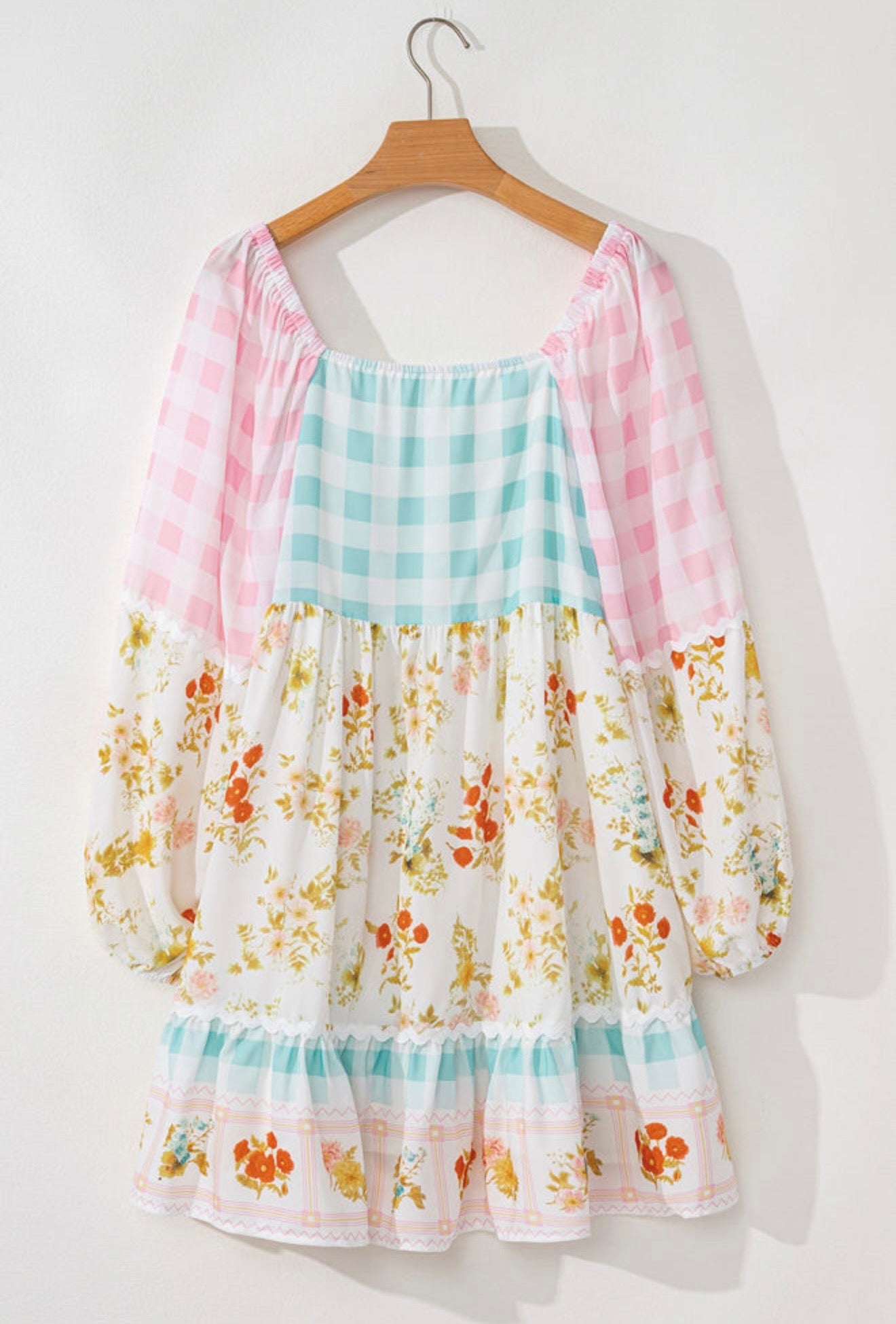 Patchwork Gingham and Floral Print Dress with Rick rack accent
