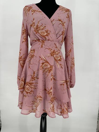 Pink Abstract Printed Belted Dress with Ruffled Hem