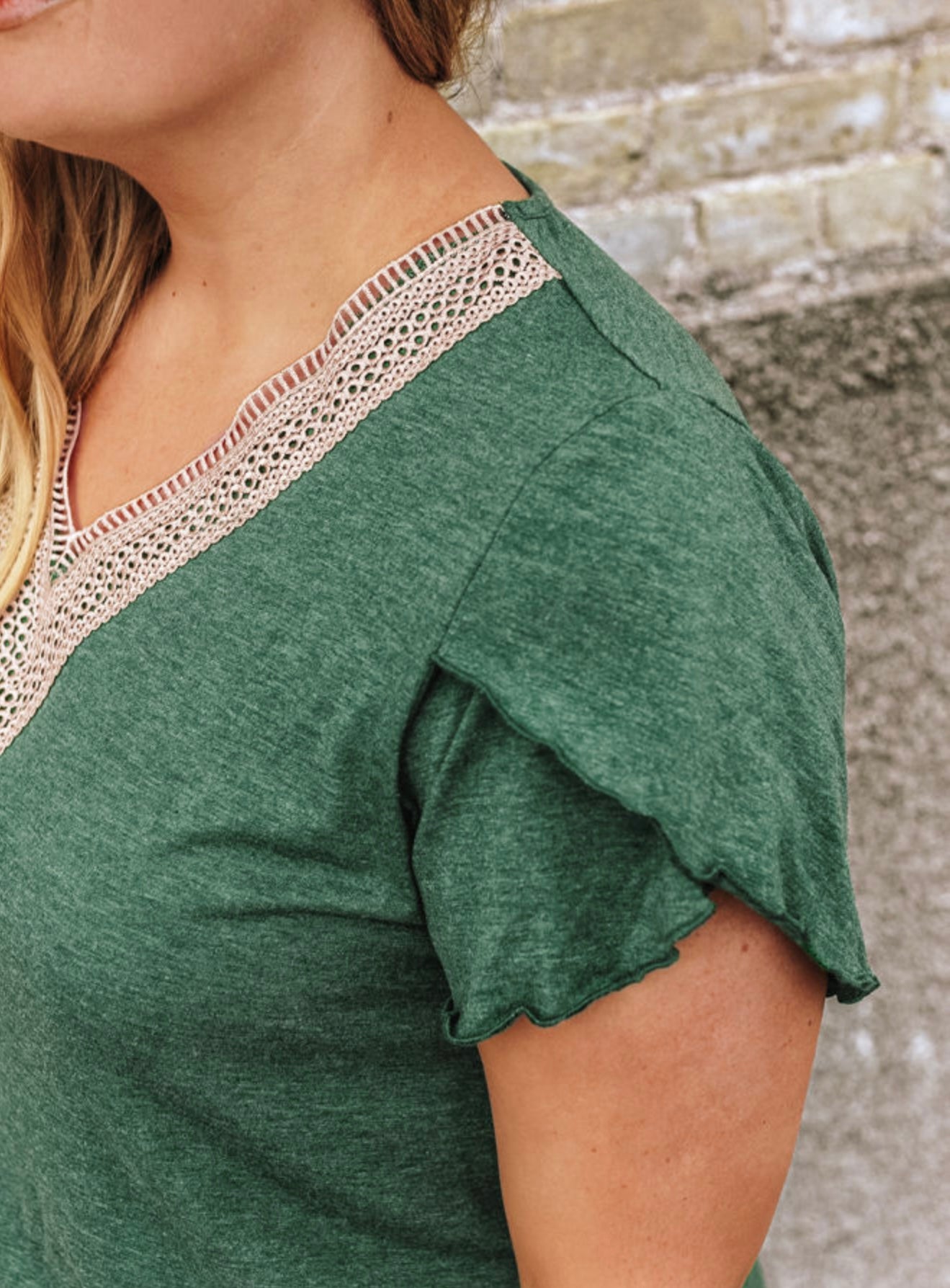 Green Top with Crochet Neck Trim and Criss Cross Sleeve